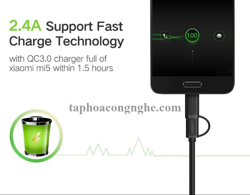 Ugreen 30173 0.5M màu Đen Thiết bị chuyển đổi USB 2.0 sang type-C và micro USB US142 30030173